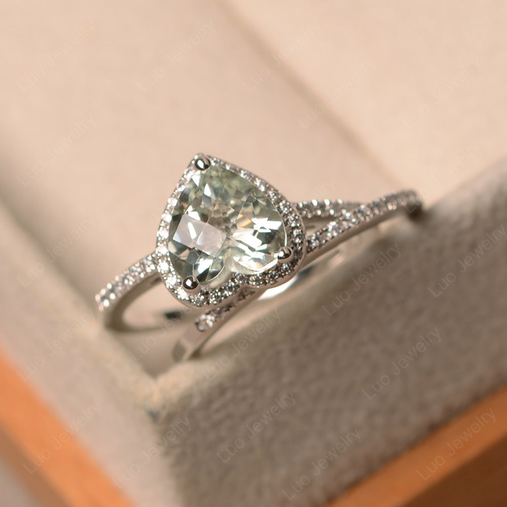Heart Shaped Green Amethyst Halo Bridal Set Ring - LUO Jewelry
