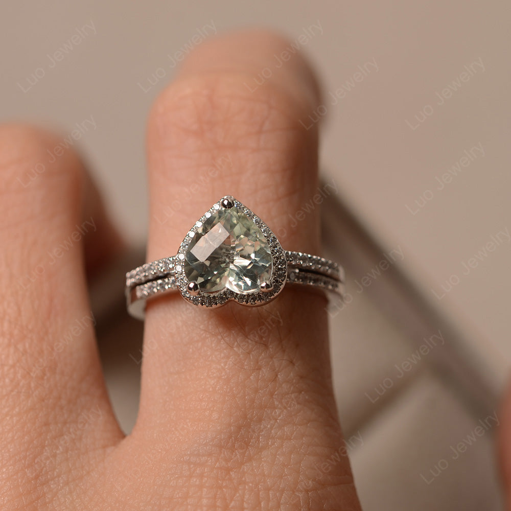 Heart Shaped Green Amethyst Halo Bridal Set Ring - LUO Jewelry