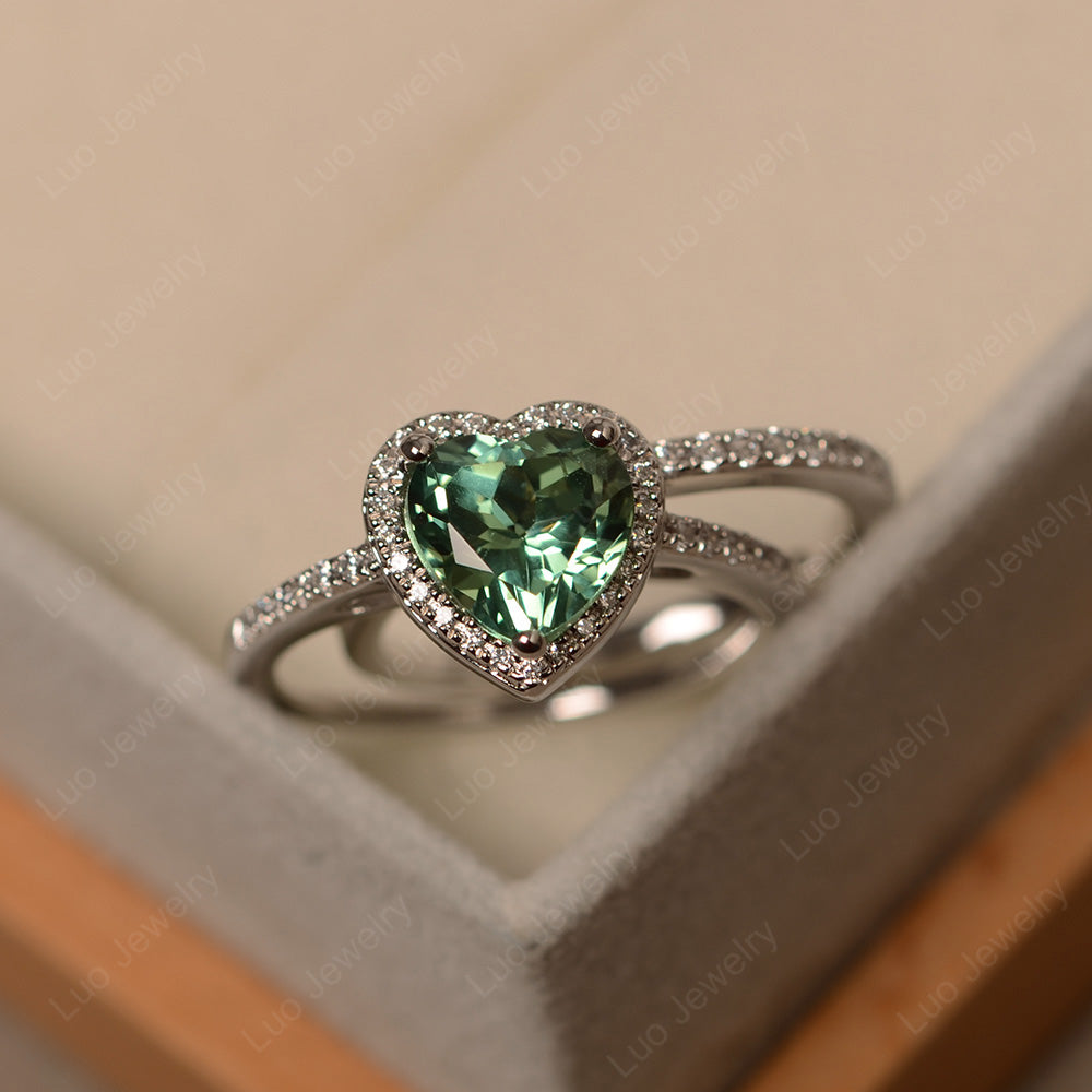 Heart Shaped Green Sapphire Halo Bridal Set Ring - LUO Jewelry