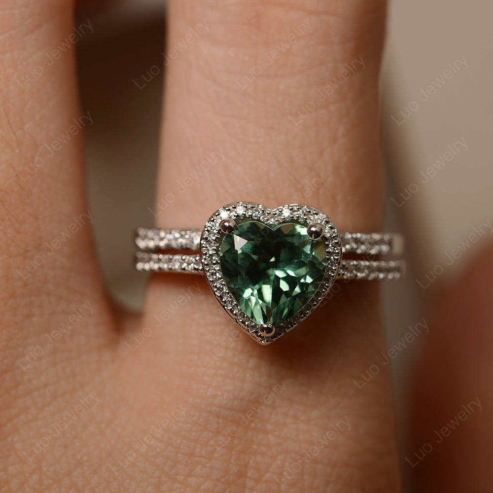 Heart Shaped Green Sapphire Halo Bridal Set Ring - LUO Jewelry