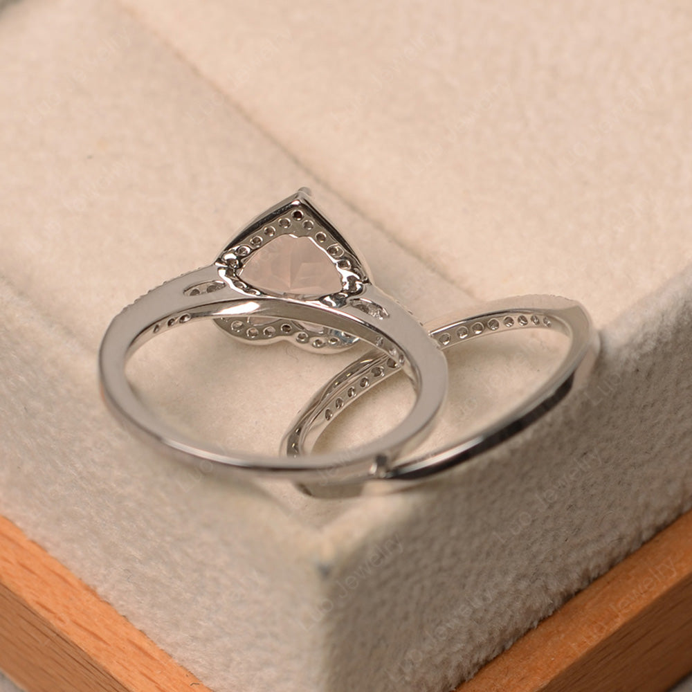 Heart Shaped Rose Quartz Halo Bridal Set Ring - LUO Jewelry