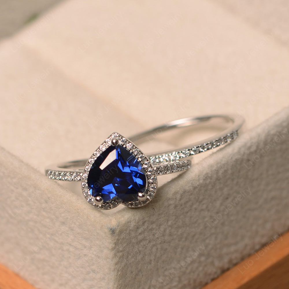 Heart Shaped Lab Sapphire Halo Bridal Set Ring - LUO Jewelry