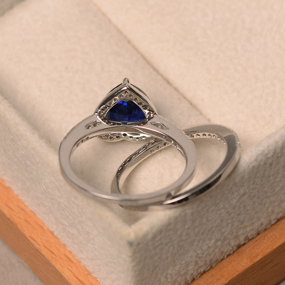 Heart Shaped Lab Sapphire Halo Bridal Set Ring - LUO Jewelry