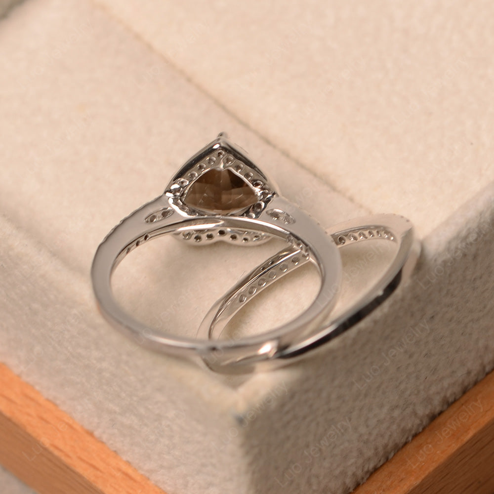 Heart Shaped Smoky Quartz Halo Bridal Set Ring - LUO Jewelry