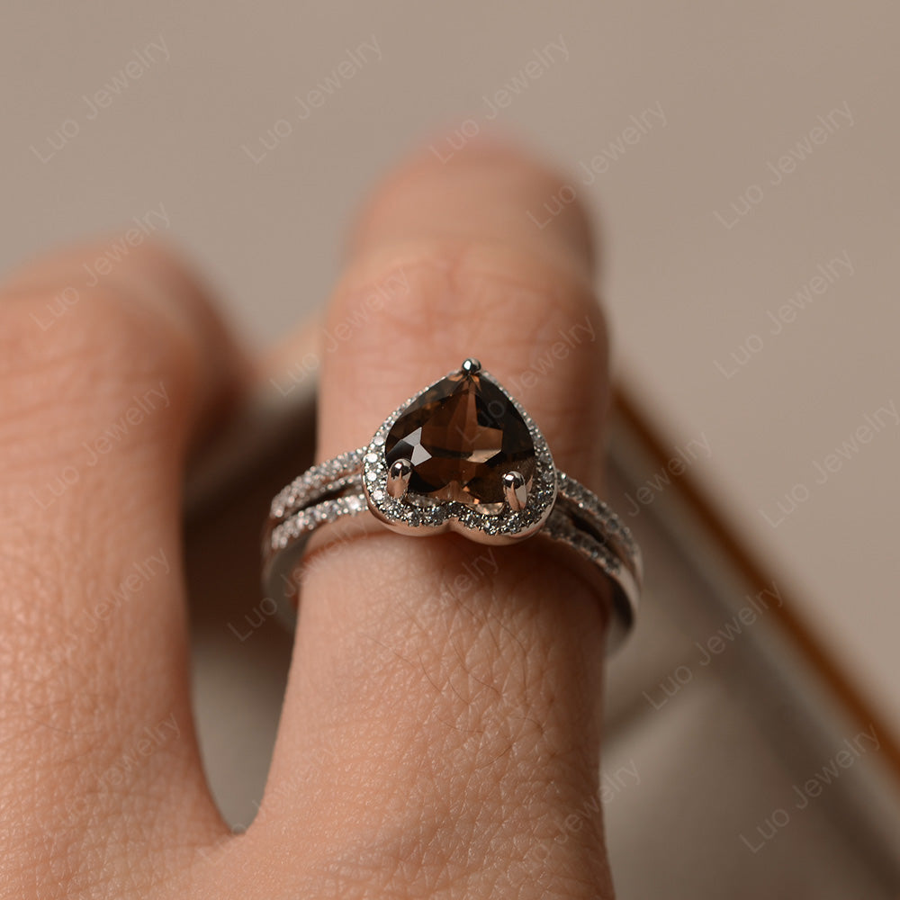 Heart Shaped Smoky Quartz Halo Bridal Set Ring - LUO Jewelry