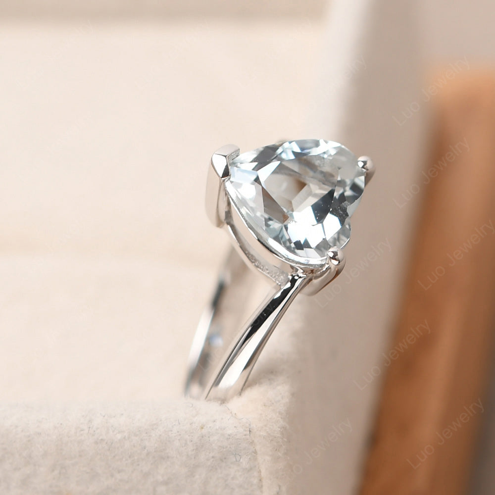 Aquamarine Ring Heart Solitaire Ring White Gold - LUO Jewelry