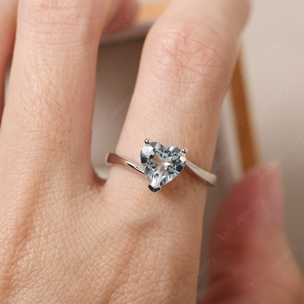 Aquamarine Ring Heart Solitaire Ring White Gold - LUO Jewelry