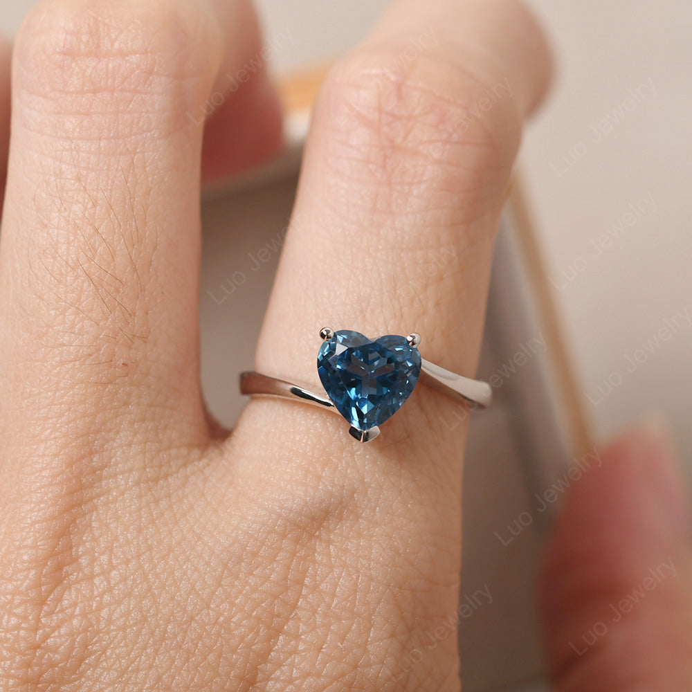 London Blue Topaz Ring Heart Solitaire Ring White Gold - LUO Jewelry