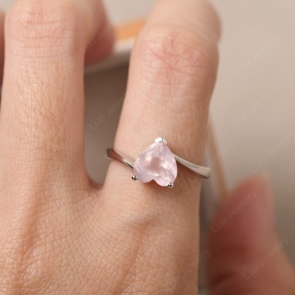 Rose Quartz Ring Heart Solitaire Ring White Gold - LUO Jewelry