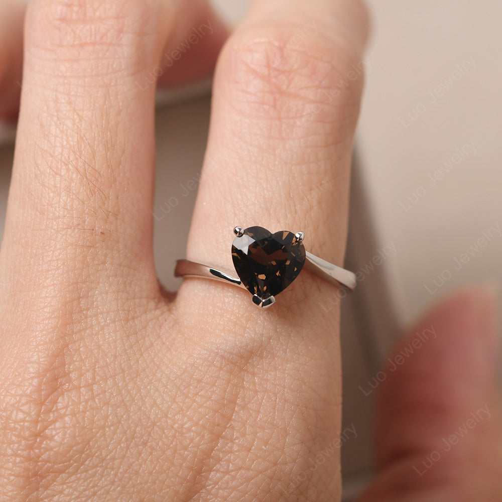 Smoky Quartz Ring Heart Solitaire Ring White Gold - LUO Jewelry