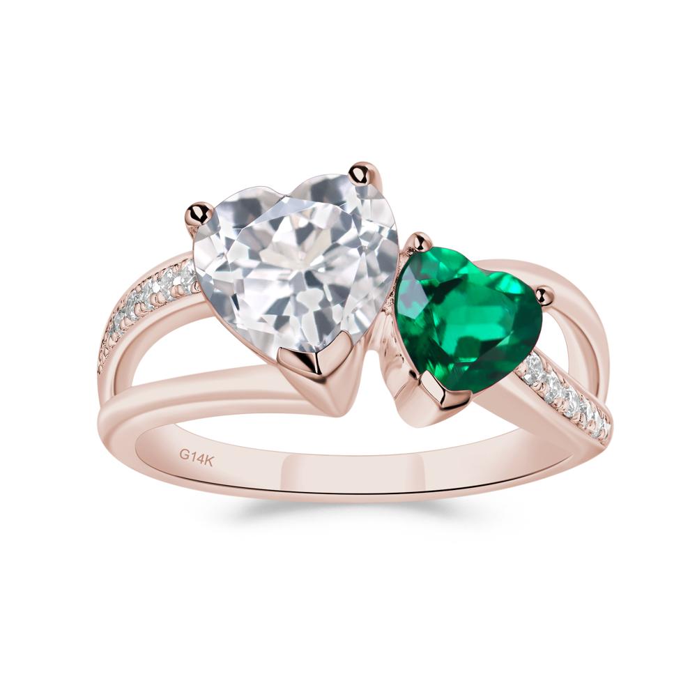 Heart Shaped Emerald and White Topaz Toi Et Moi Ring - LUO Jewelry #metal_14k rose gold