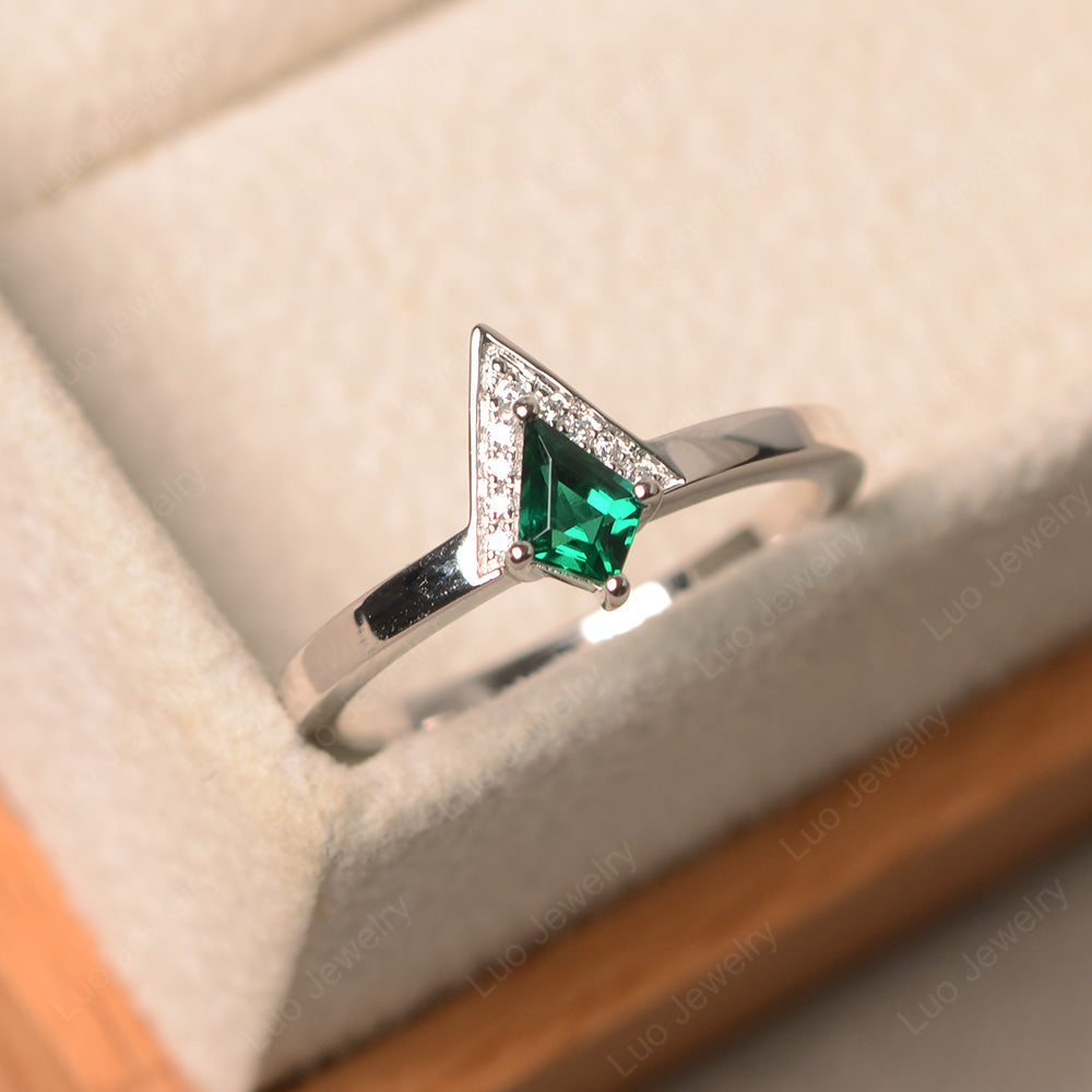 V Shaped Kite Cut Lab Emerald Ring White Gold - LUO Jewelry
