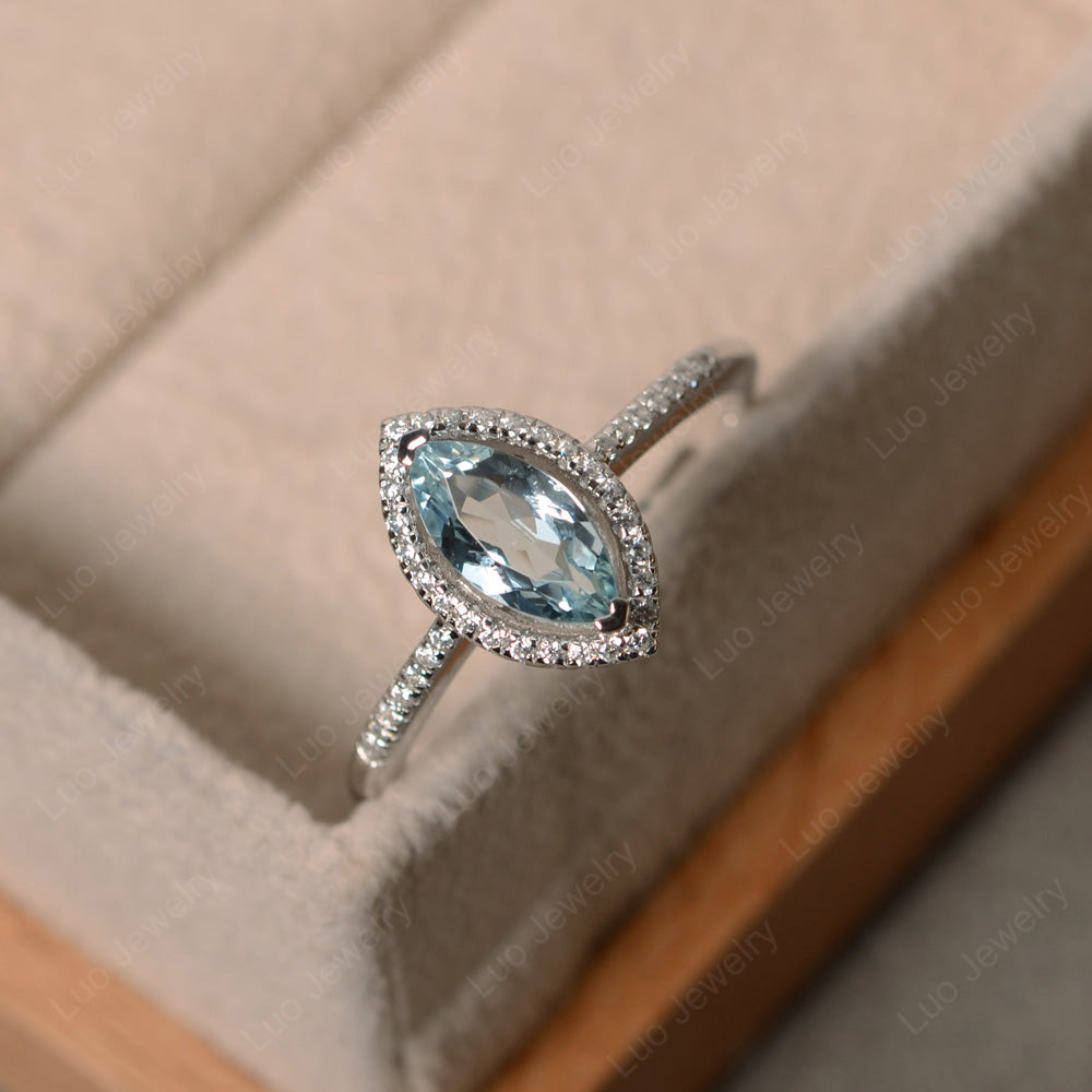 Aquamarine Ring Marquise Cut Halo Wedding Ring - LUO Jewelry