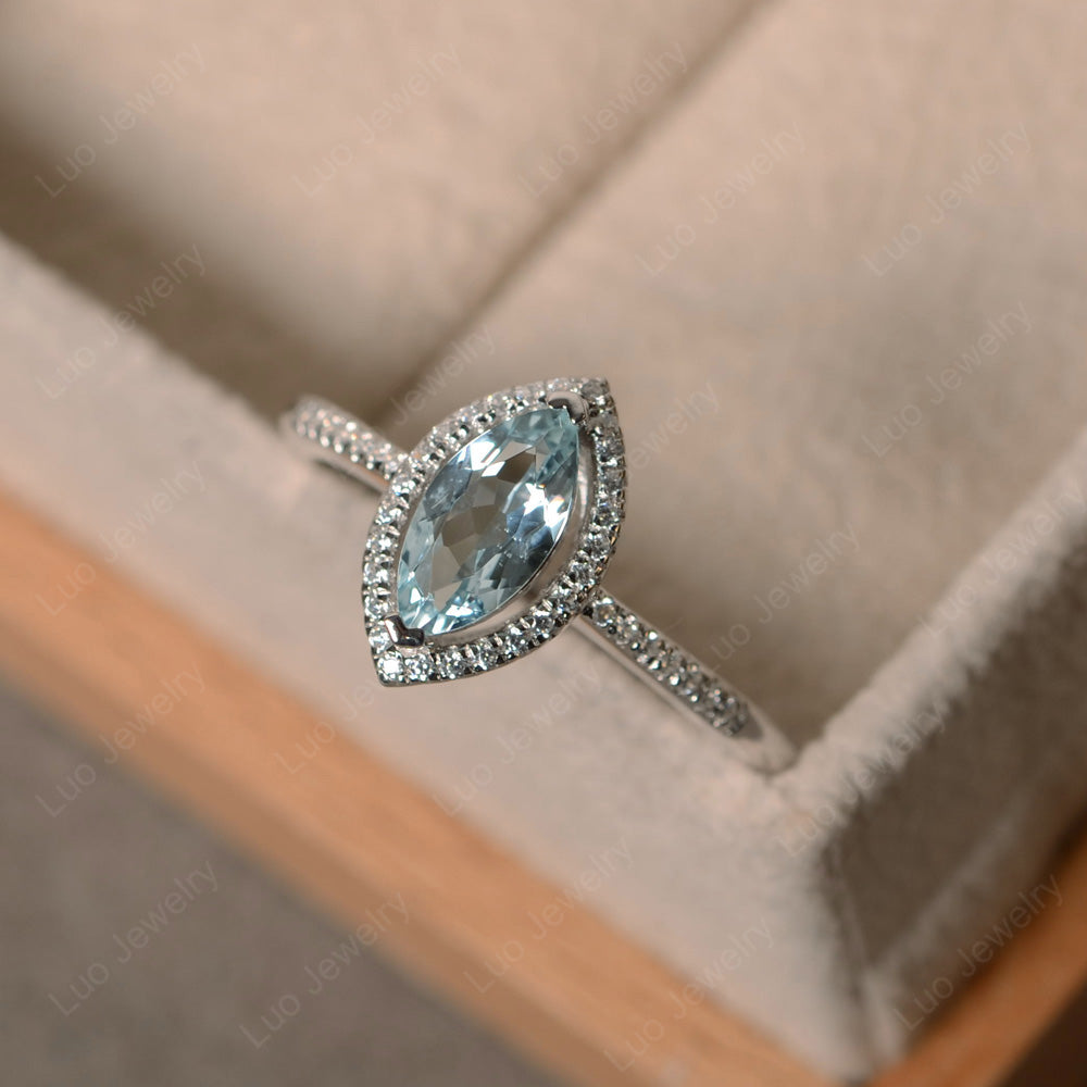 Aquamarine Ring Marquise Cut Halo Wedding Ring - LUO Jewelry