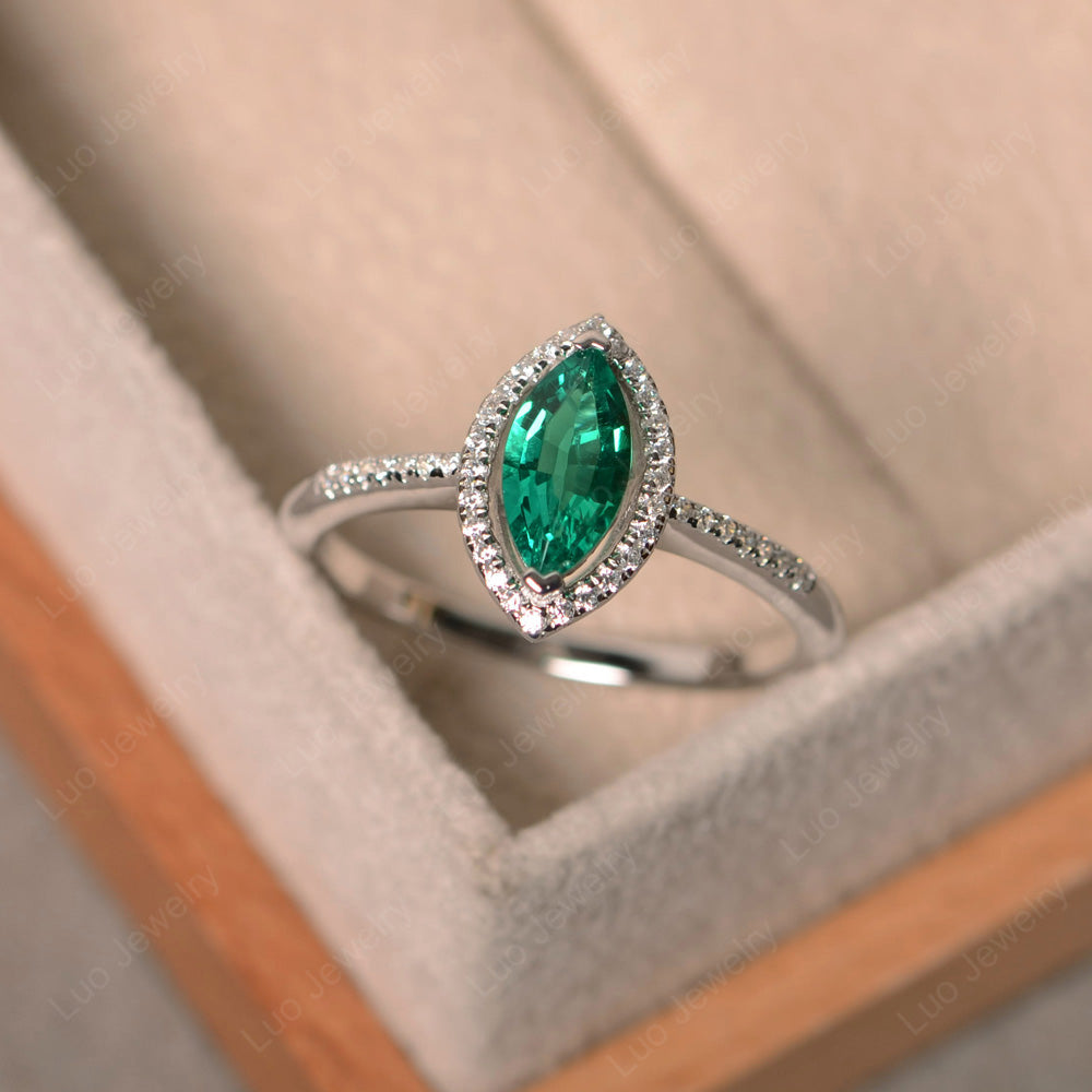 Lab Emerald Ring Marquise Cut Halo Wedding Ring - LUO Jewelry