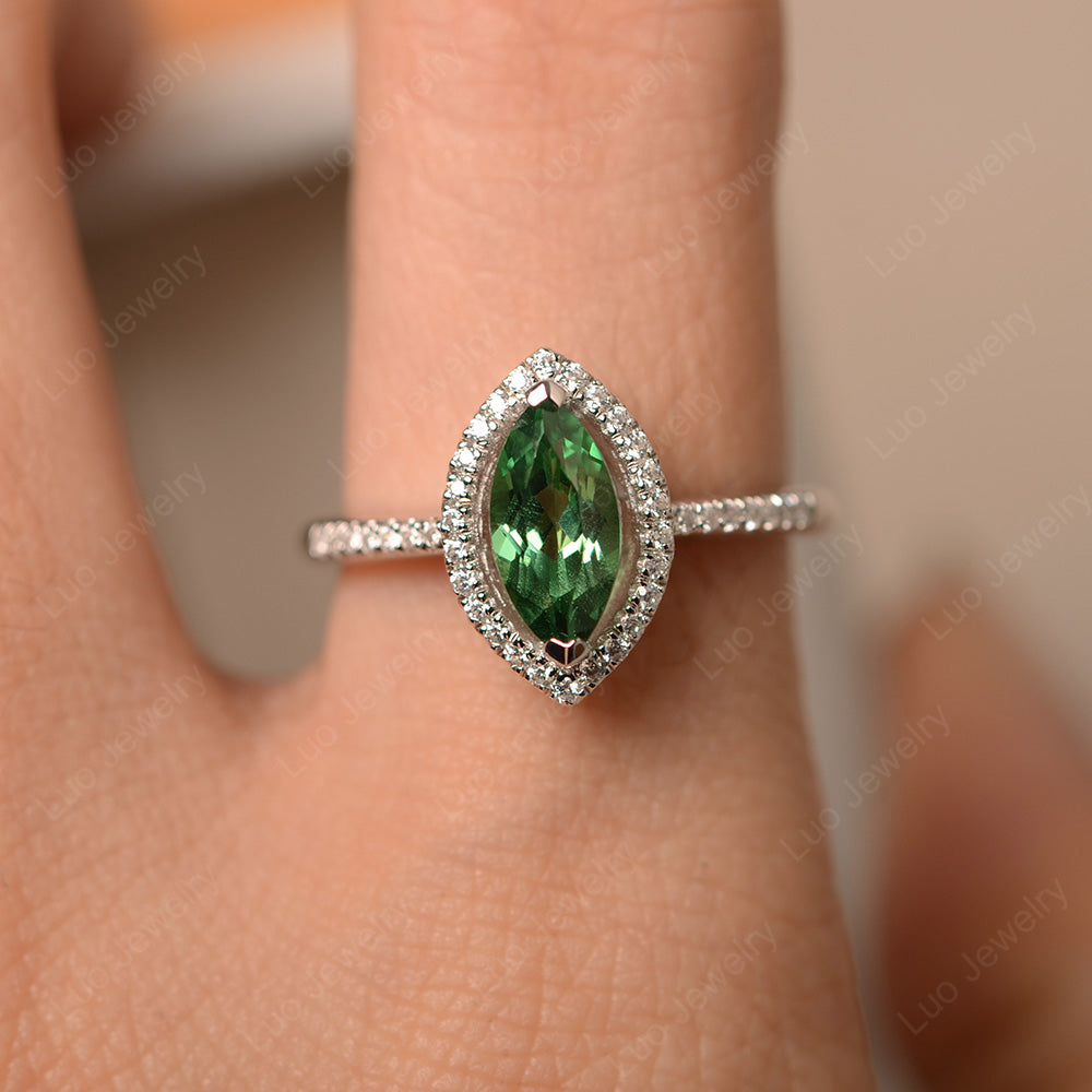 Green Sapphire Ring Marquise Cut Halo Wedding Ring - LUO Jewelry