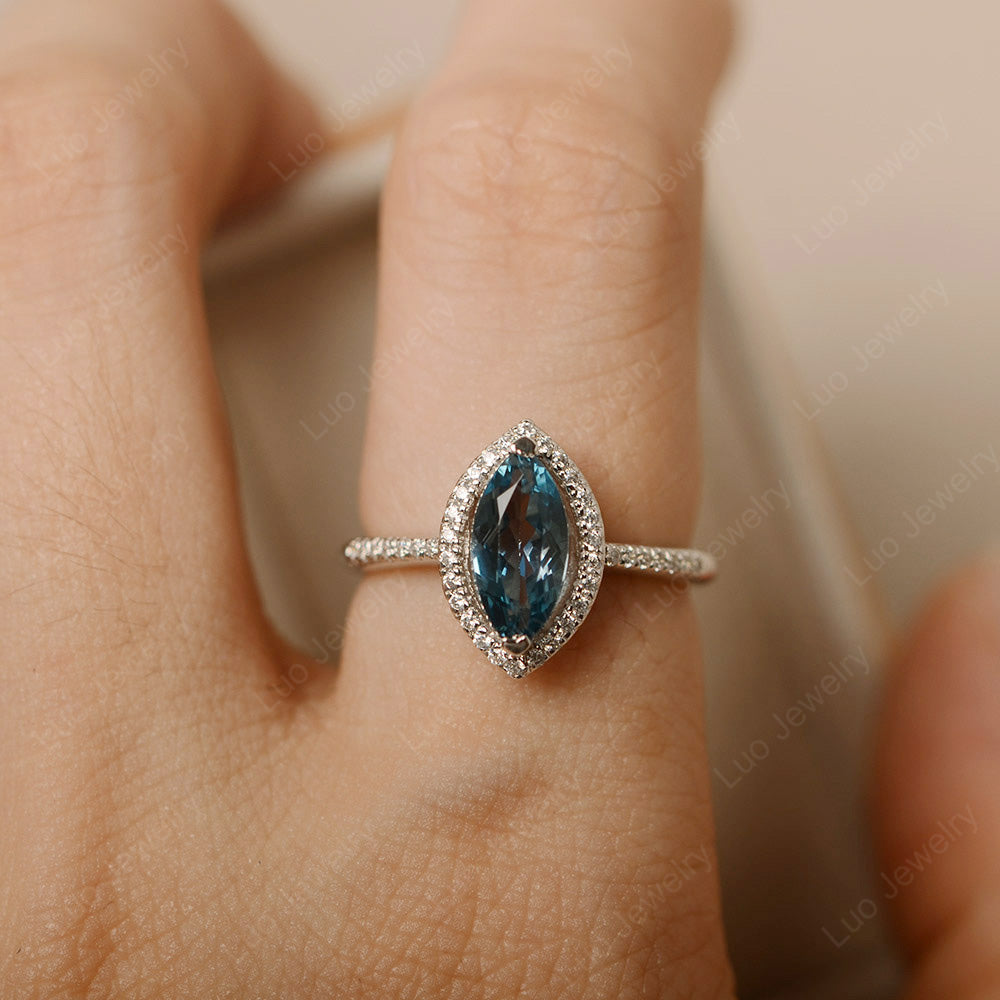 London Blue Topaz Ring Marquise Cut Halo Wedding Ring - LUO Jewelry