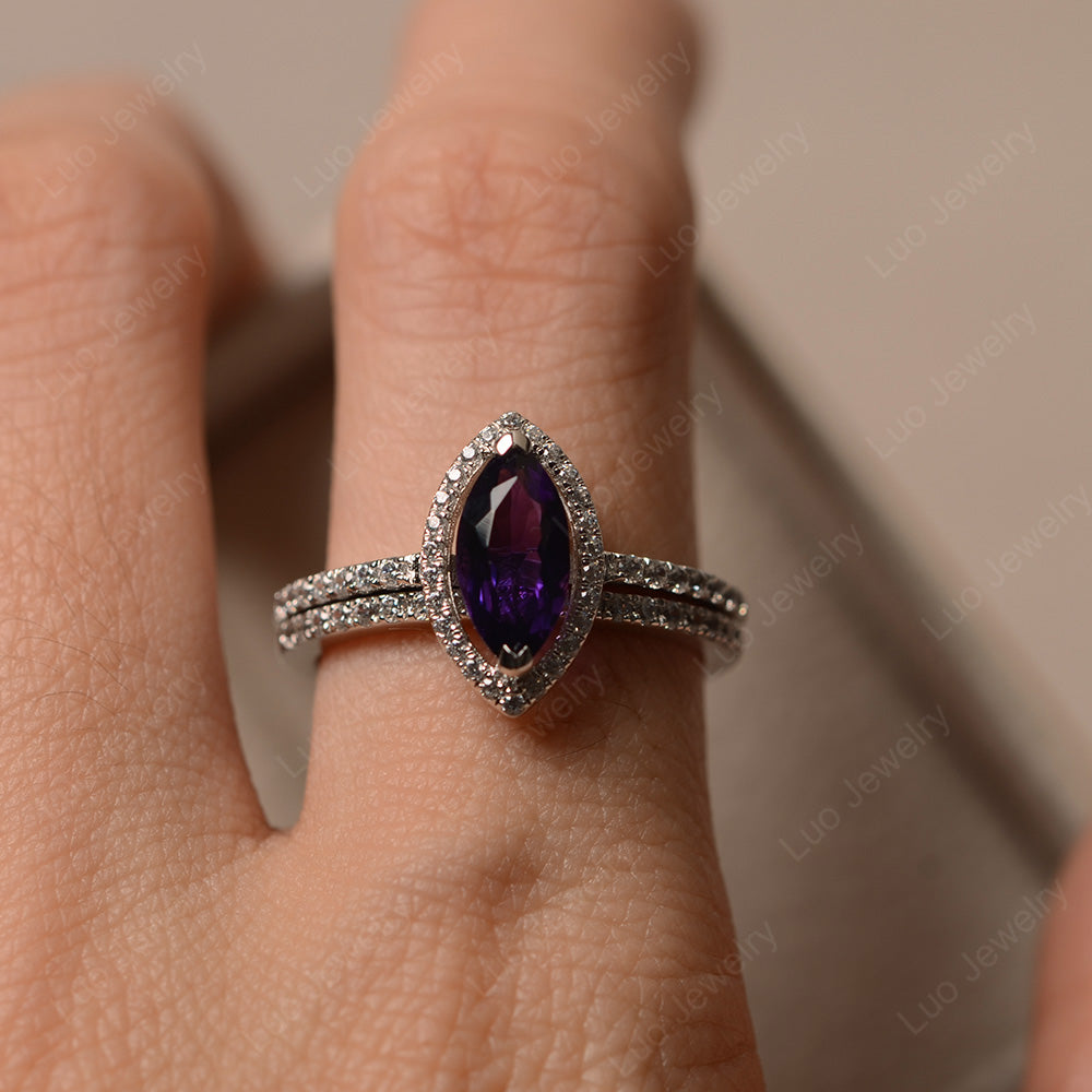 Marquise Cut Amethyst Ring Halo Bridal Set Ring - LUO Jewelry