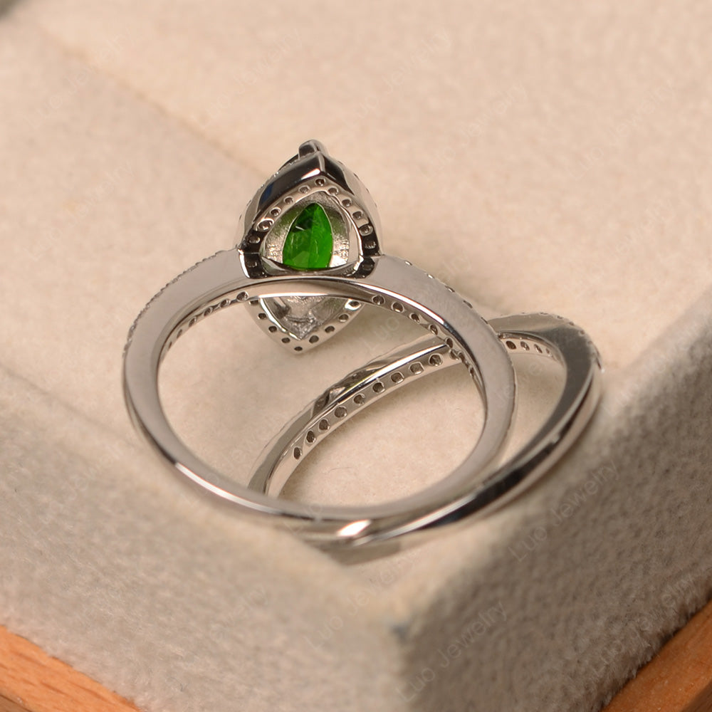 Marquise Cut Diopside Ring Halo Bridal Set Ring - LUO Jewelry