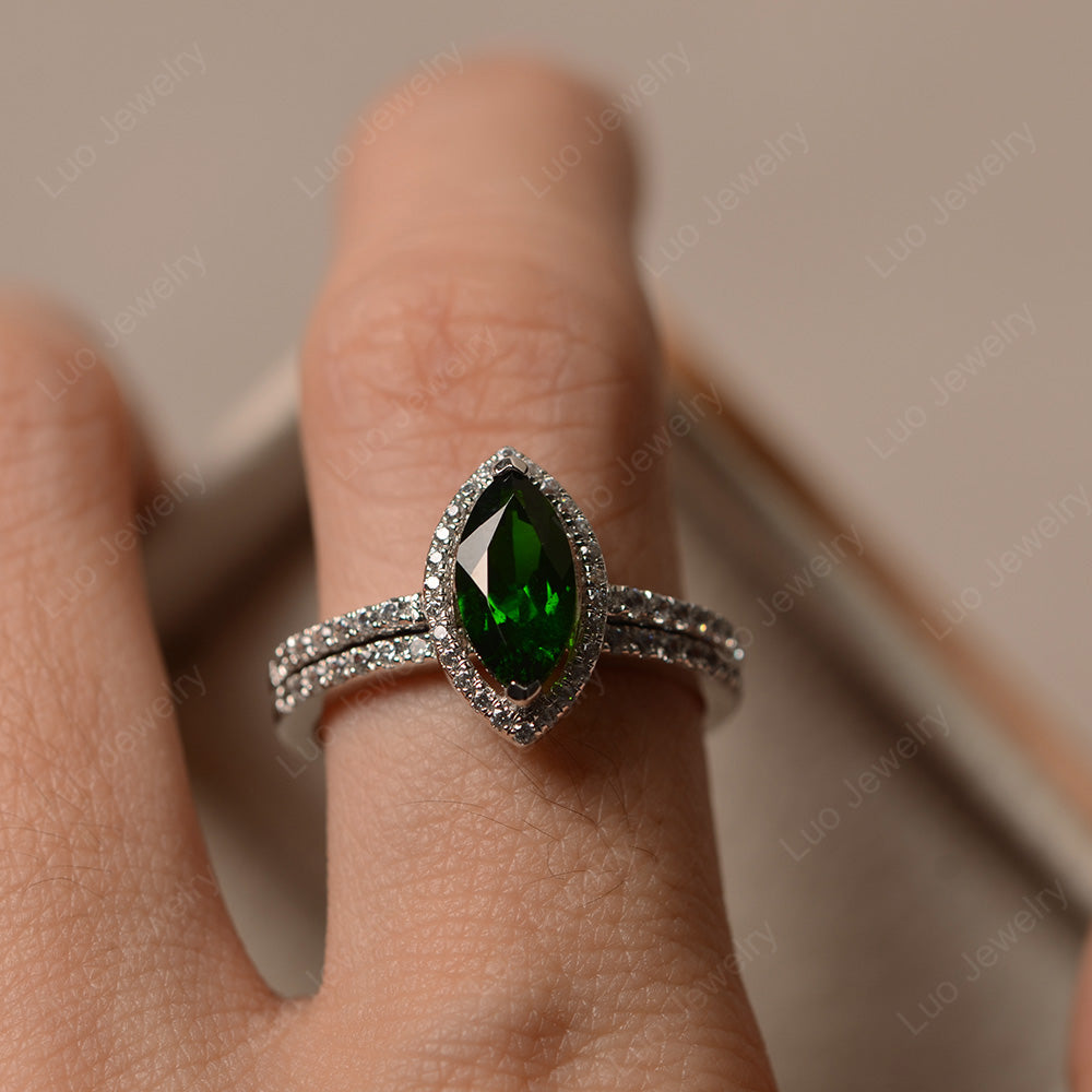 Marquise Cut Diopside Ring Halo Bridal Set Ring - LUO Jewelry