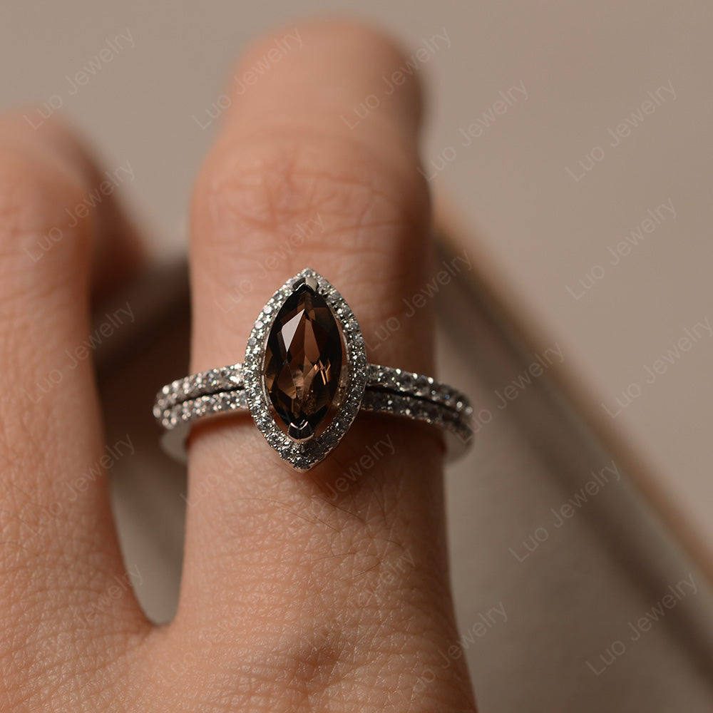 Marquise Cut Smoky Quartz Ring Halo Bridal Set Ring - LUO Jewelry