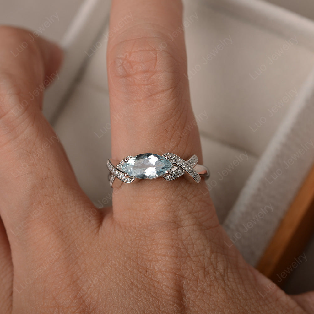 East West Marquise Cut Aquamarine Ring Art Deco - LUO Jewelry