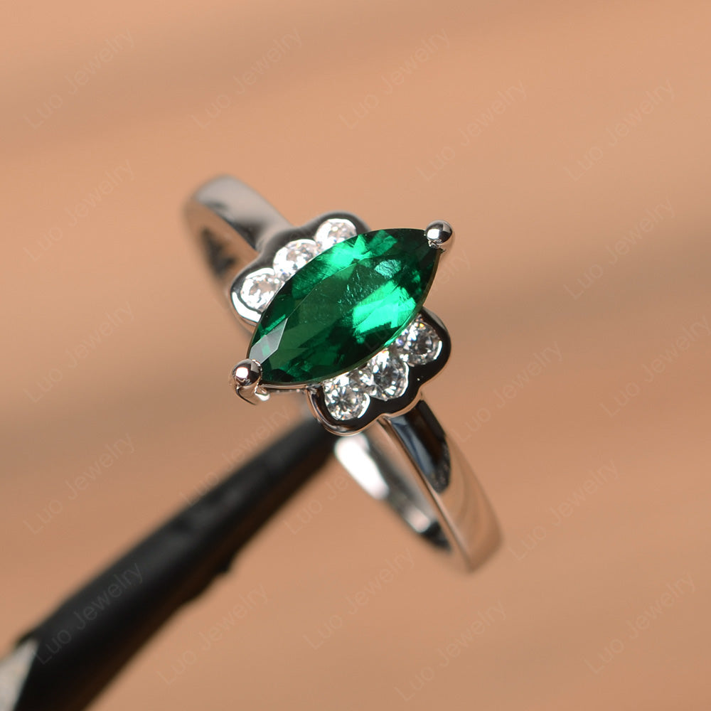 Unique Marquise Cut Lab Emerald Wedding Ring - LUO Jewelry