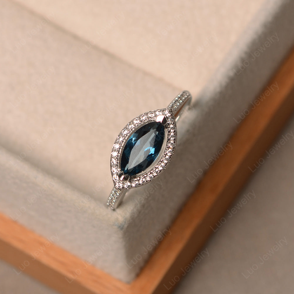 London Blue Topaz Marquise Cut Halo East West Ring - LUO Jewelry