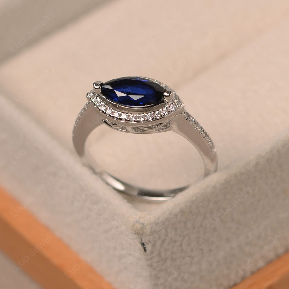 Lab Sapphire Marquise Cut Halo East West Ring - LUO Jewelry
