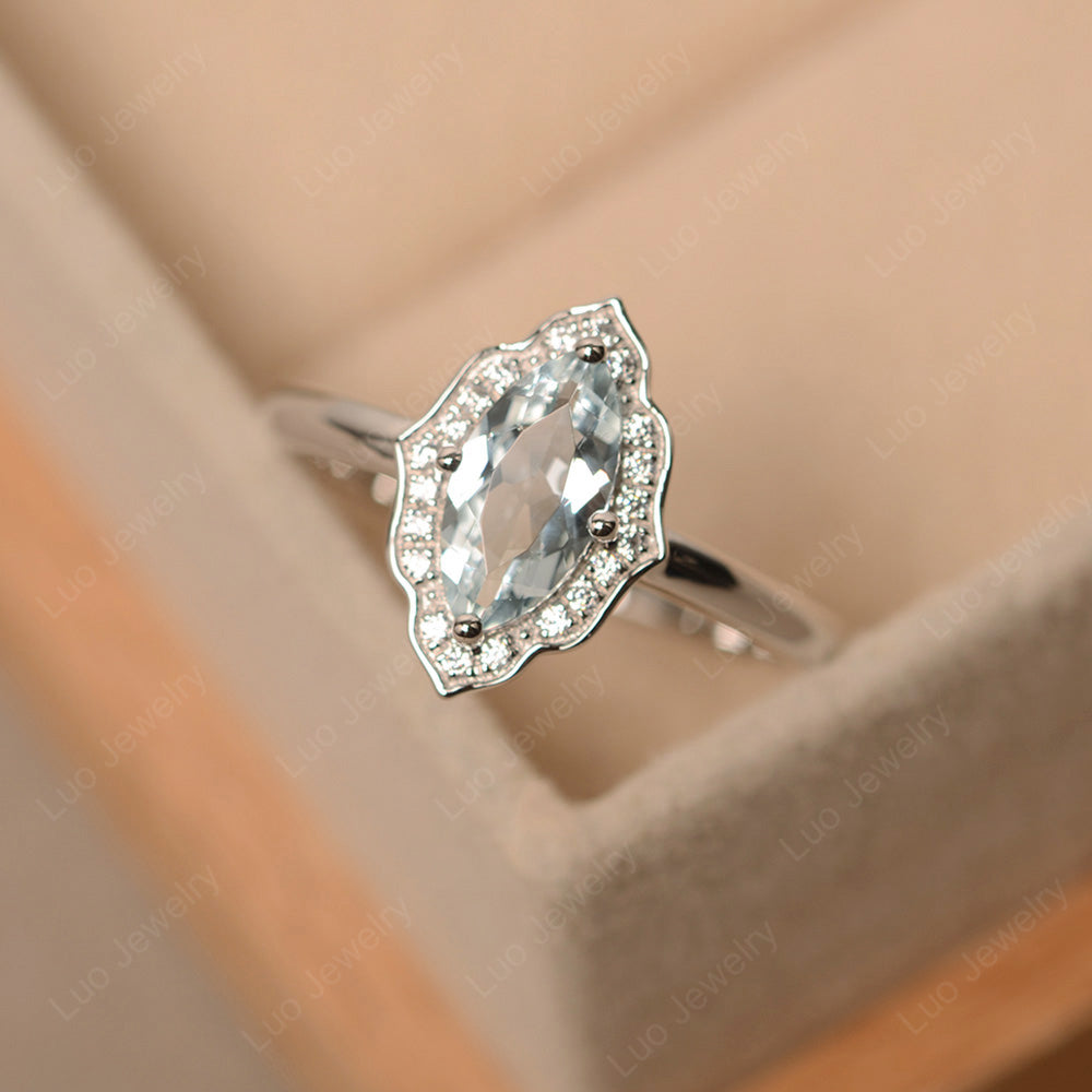 Marquise Cut Aquamarine Halo Engagement Ring - LUO Jewelry