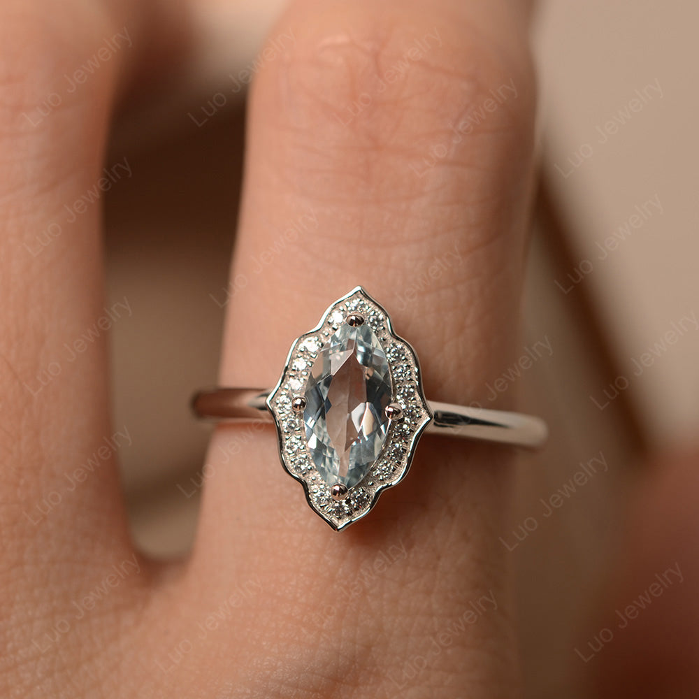 Marquise Cut Aquamarine Halo Engagement Ring - LUO Jewelry