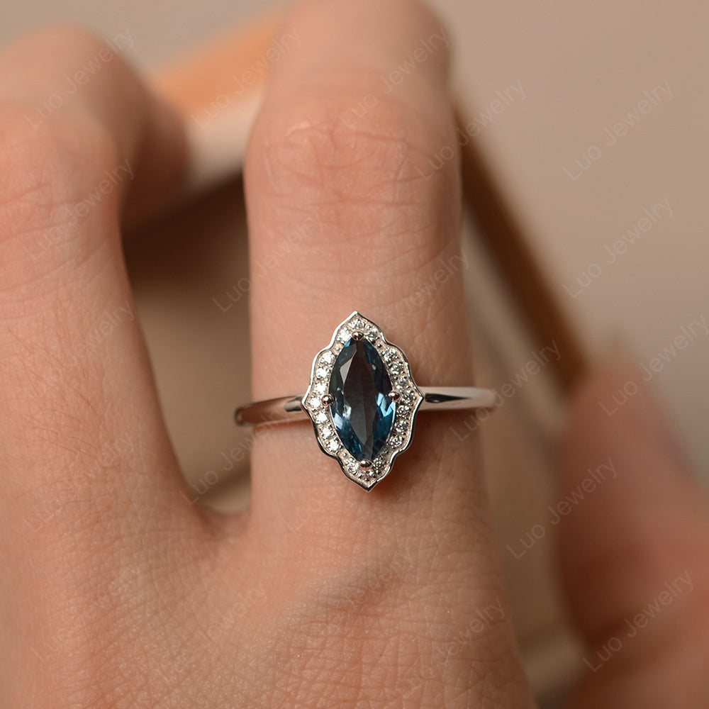 Marquise Cut London Blue Topaz Halo Engagement Ring - LUO Jewelry