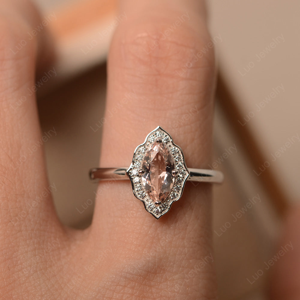 Marquise Cut Morganite Halo Engagement Ring - LUO Jewelry
