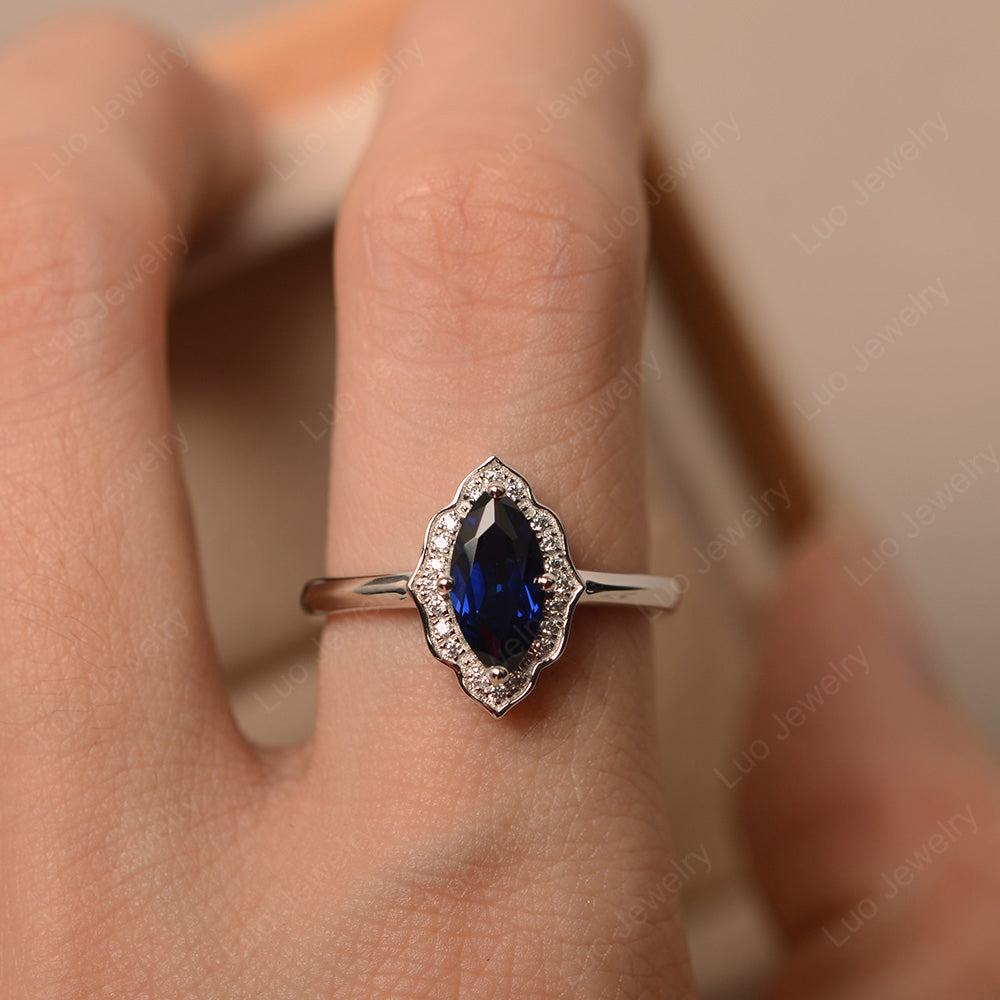 Marquise Cut Lab Sapphire Halo Engagement Ring - LUO Jewelry