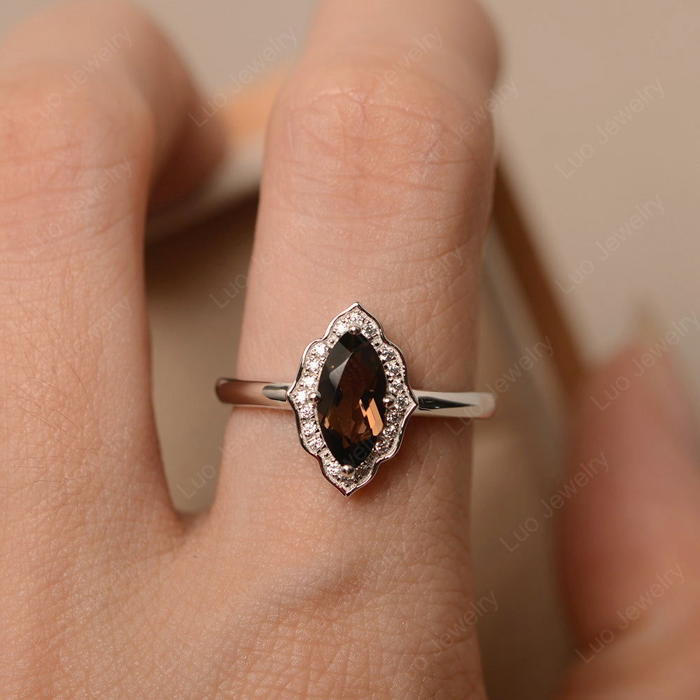 Marquise Cut Smoky Quartz  Halo Engagement Ring - LUO Jewelry