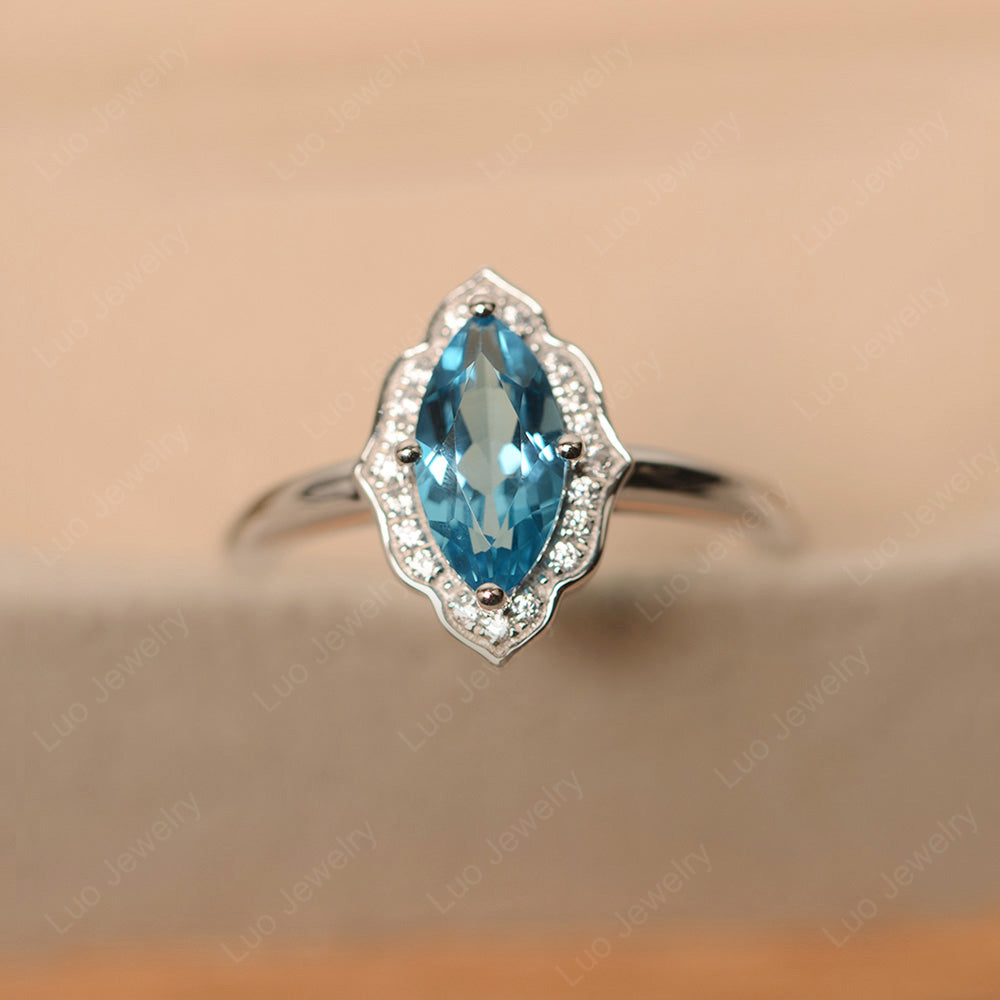 Marquise Cut Swiss Blue Topaz Halo Engagement Ring - LUO Jewelry