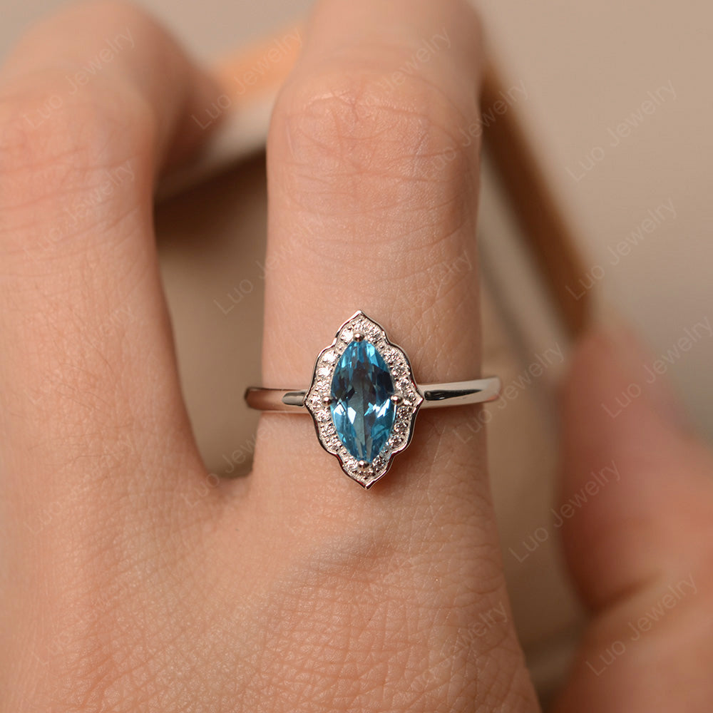 Marquise Cut Swiss Blue Topaz Halo Engagement Ring - LUO Jewelry