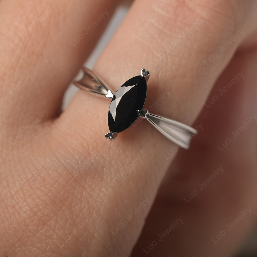 Black Stone Wedding Ring Marquise Solitaire Ring - LUO Jewelry