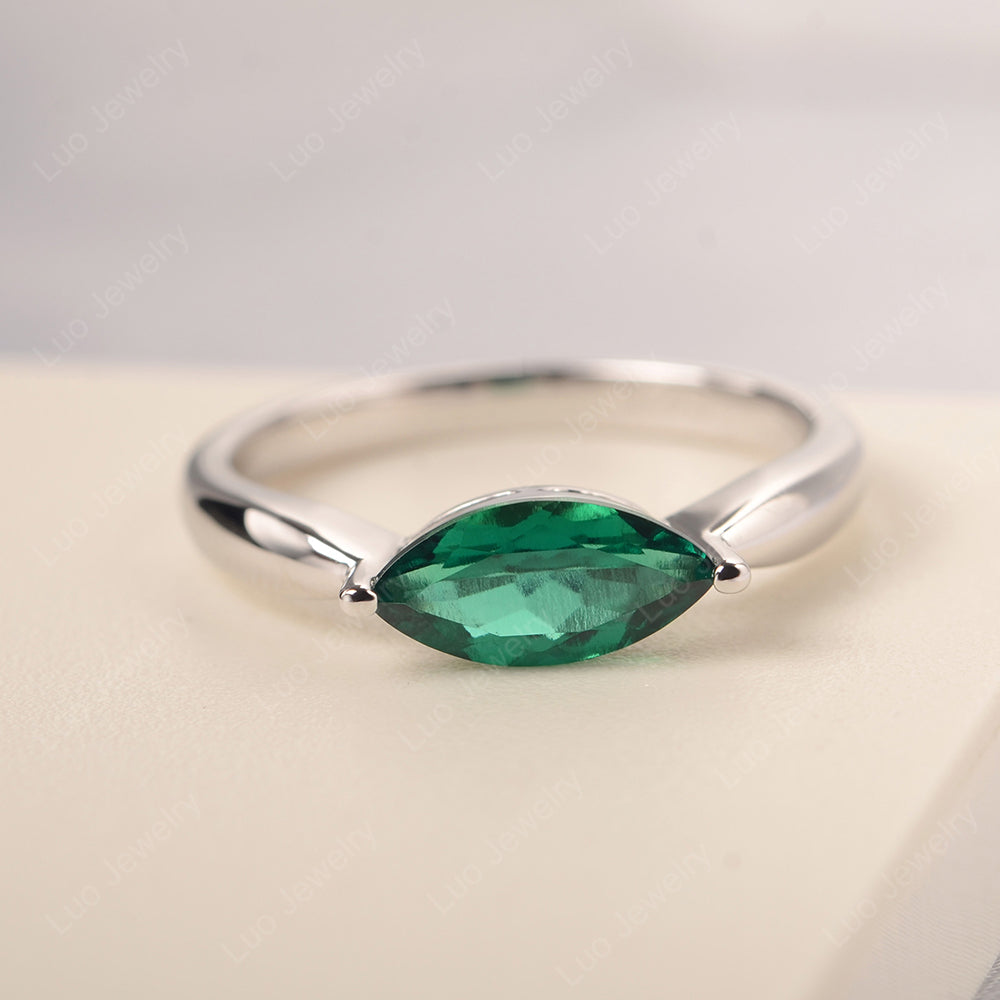 East West Marquise Cut Lab Emerald Solitaire Ring - LUO Jewelry