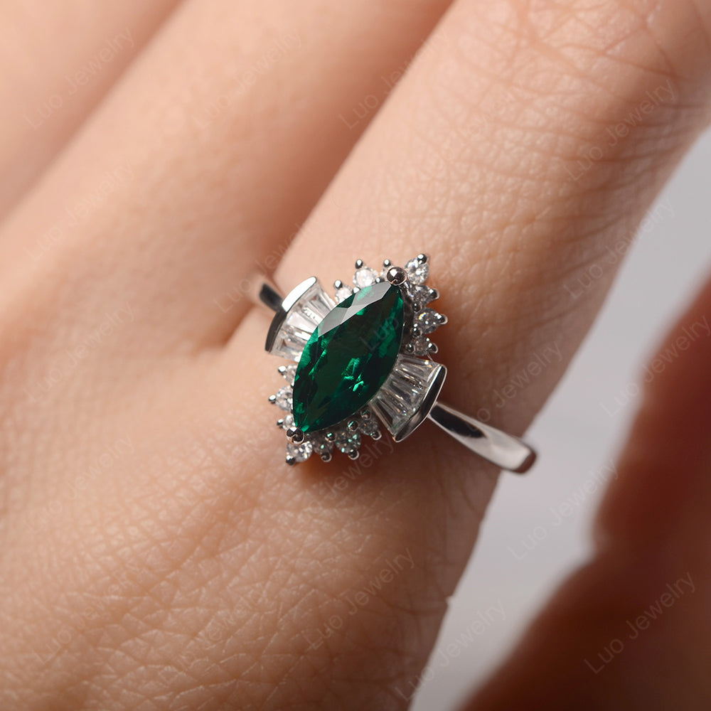 Marquise Lab Emerald Engagement Ring White Gold - LUO Jewelry