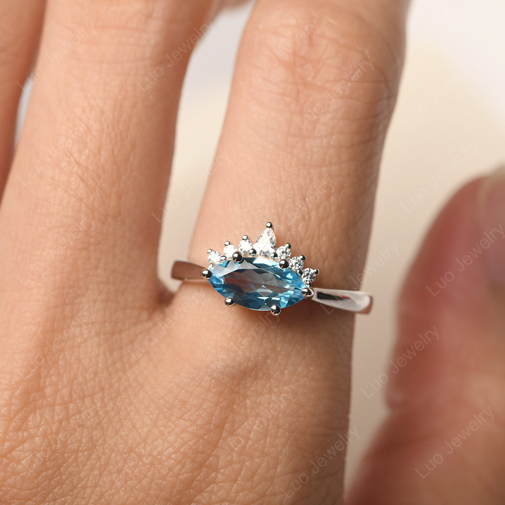 Horizontal Marquise Swiss Blue Topaz Ring White Gold - LUO Jewelry