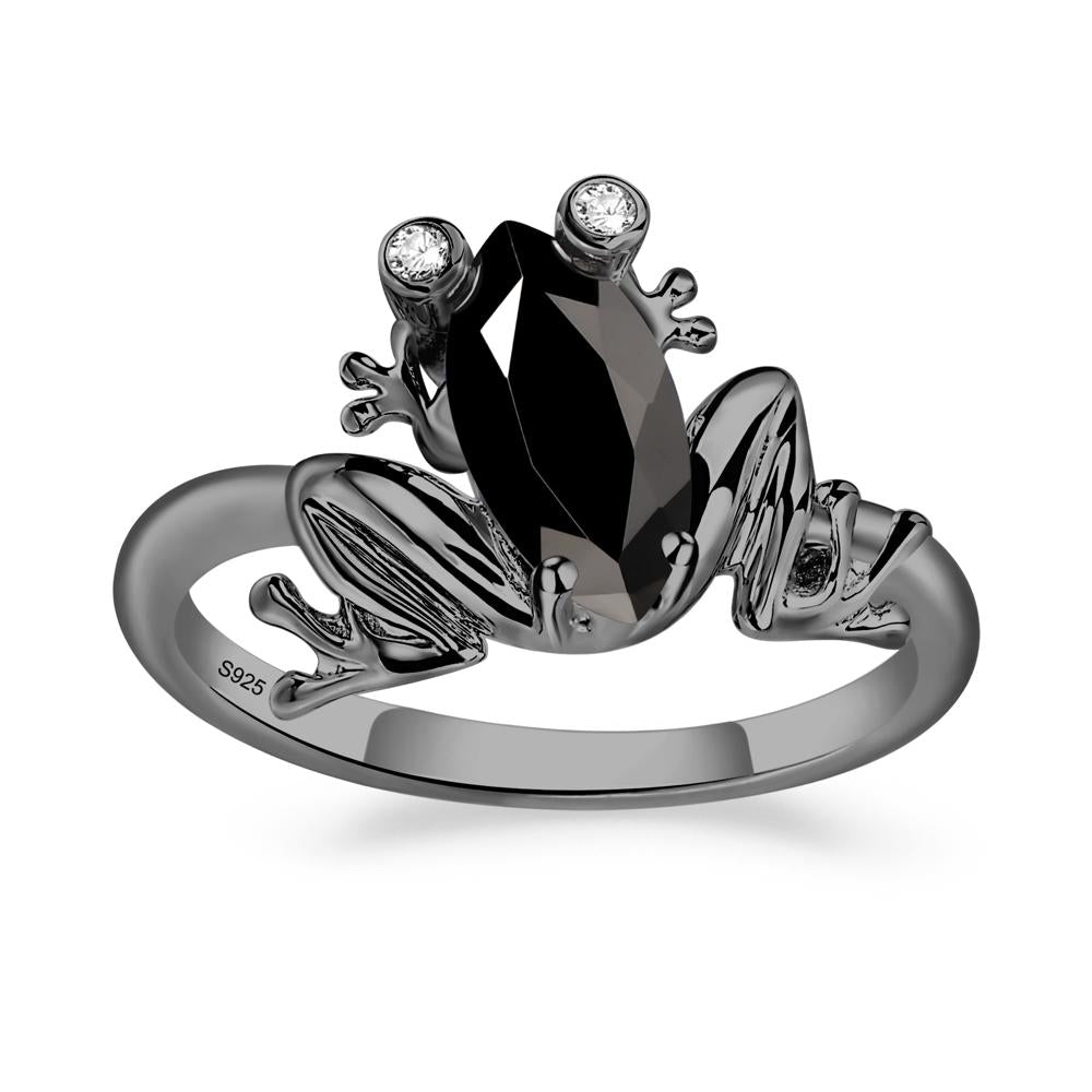 Marquise Cut Black Stone Frog Ring - LUO Jewelry #metal_black finish sterling silver