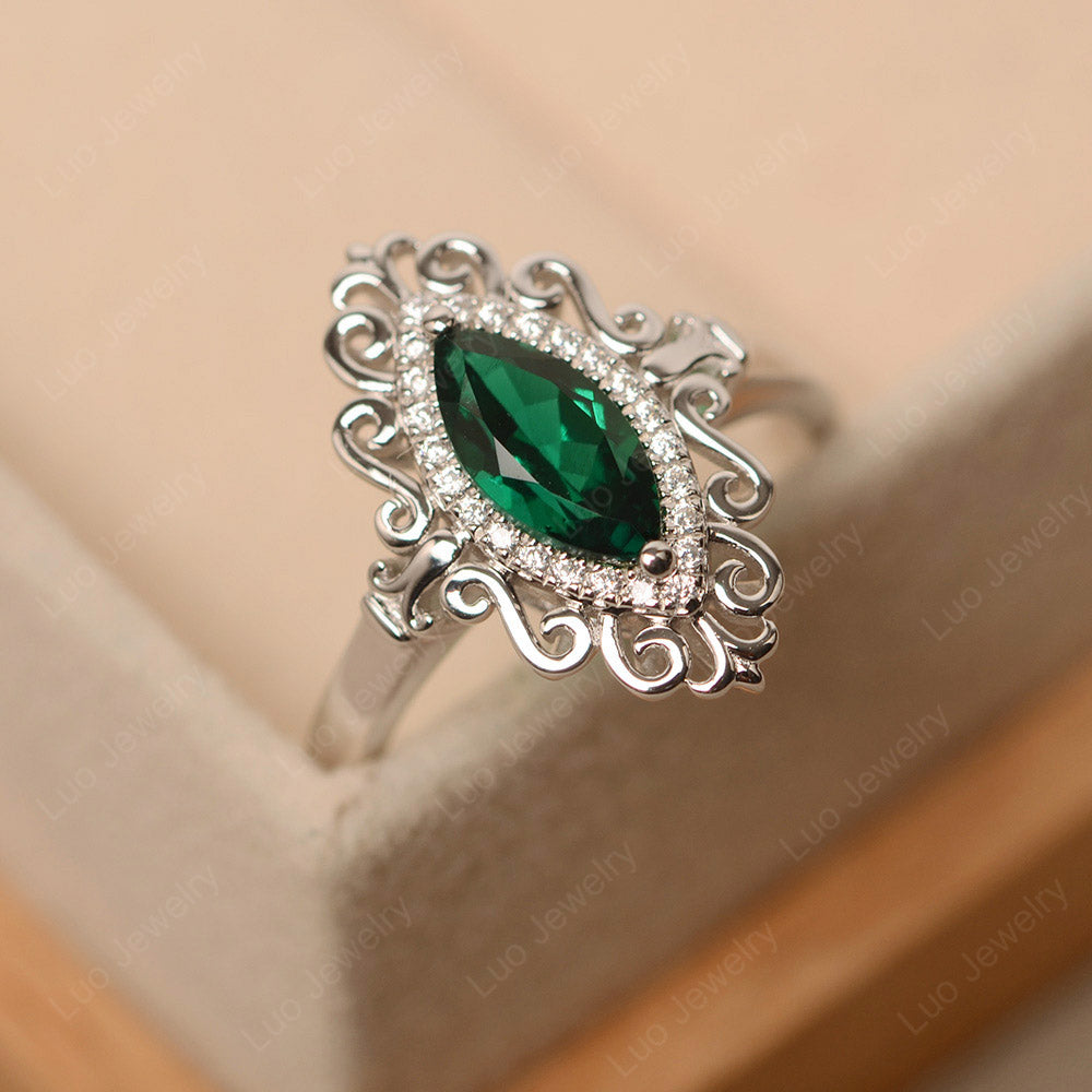 Vintage Marquise Cut Emerald Halo Ring
