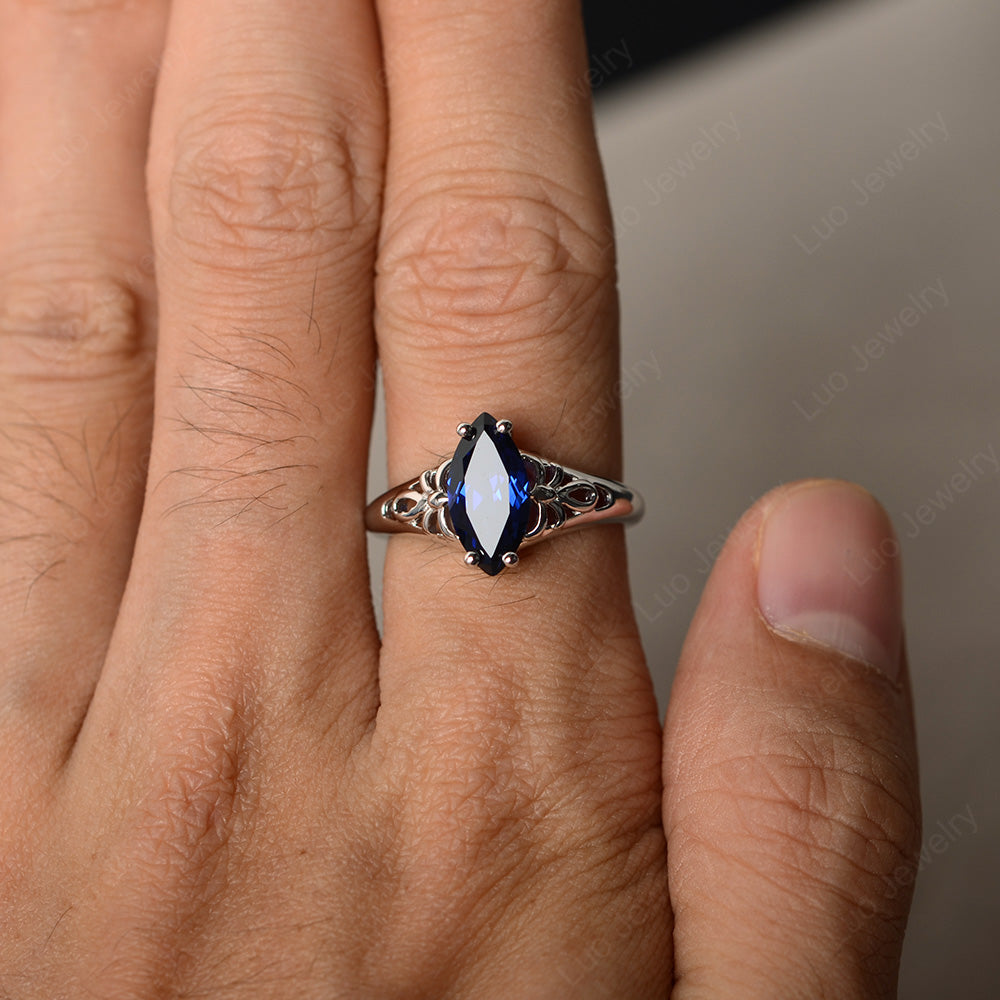 Large Marquise Cut Lab Sapphire Solitaire Ring - LUO Jewelry