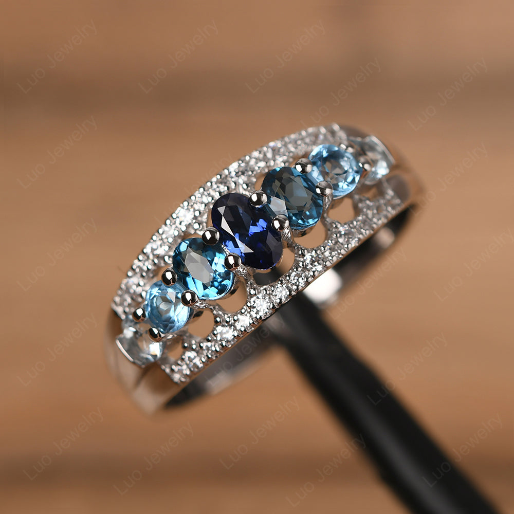 Vintage Aquamarine And London Blue Topaz And Sapphire And Swiss Blue Topaz Cluster Cocktail Ring - LUO Jewelry