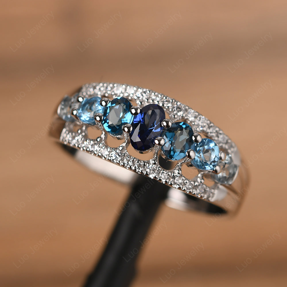 Vintage Aquamarine And London Blue Topaz And Sapphire And Swiss Blue Topaz Cluster Cocktail Ring - LUO Jewelry