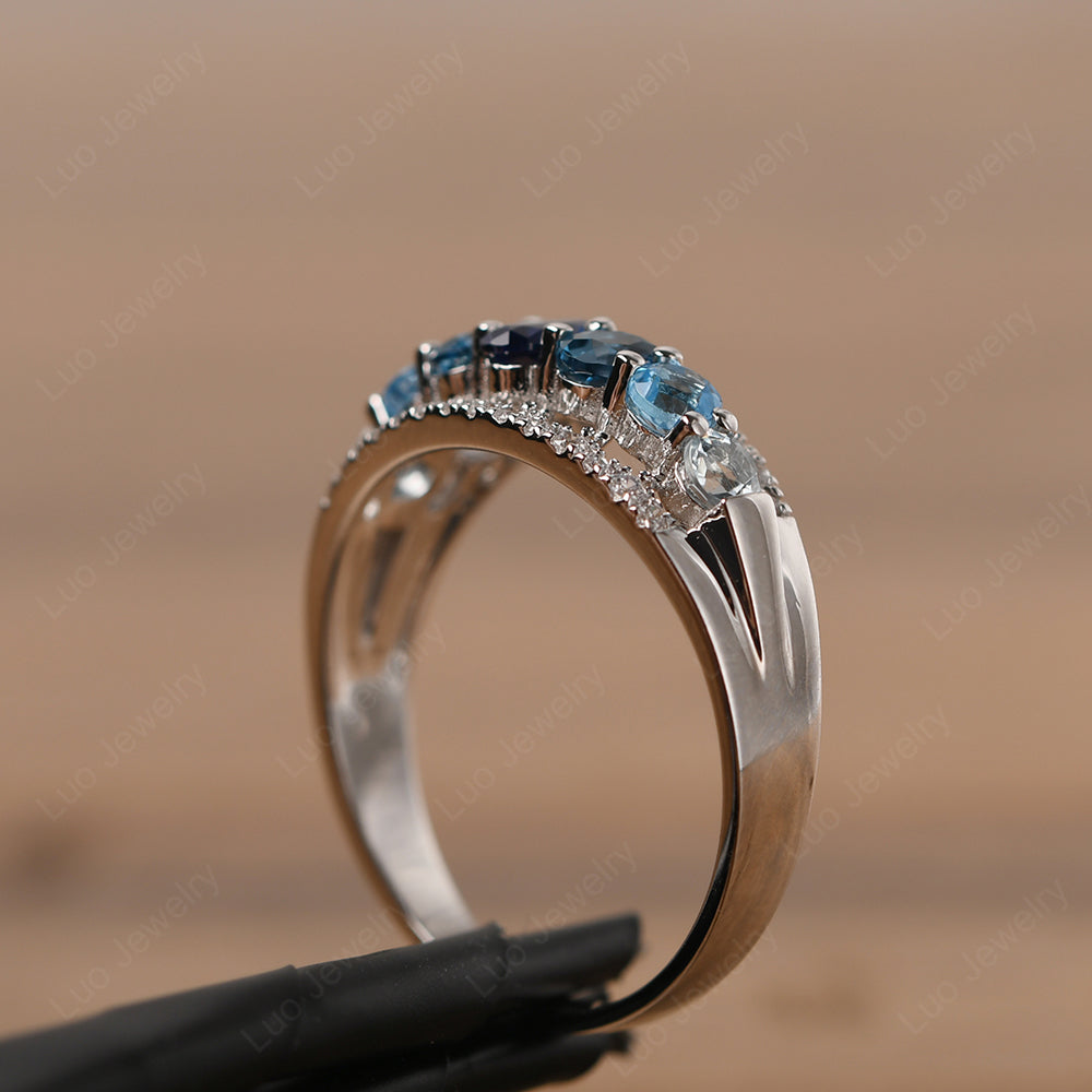 Vintage Aquamarine And London Blue Topaz And Sapphire And Swiss Blue Topaz Cluster Cocktail Ring - LUO Jewelry