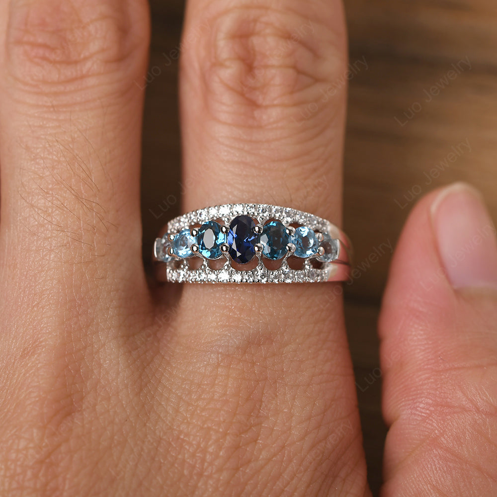 Vintage Aquamarine And London Blue Topaz And Sapphire And Swiss Blue Topaz Cluster Cocktail Ring - LUO Jewelry