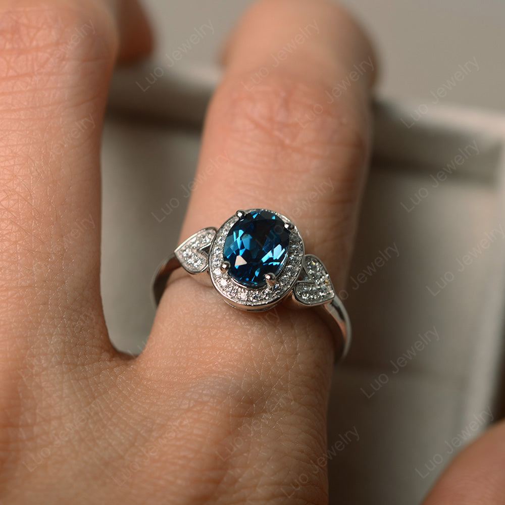 Oval Cut London Blue Topaz Halo Engagement Ring - LUO Jewelry