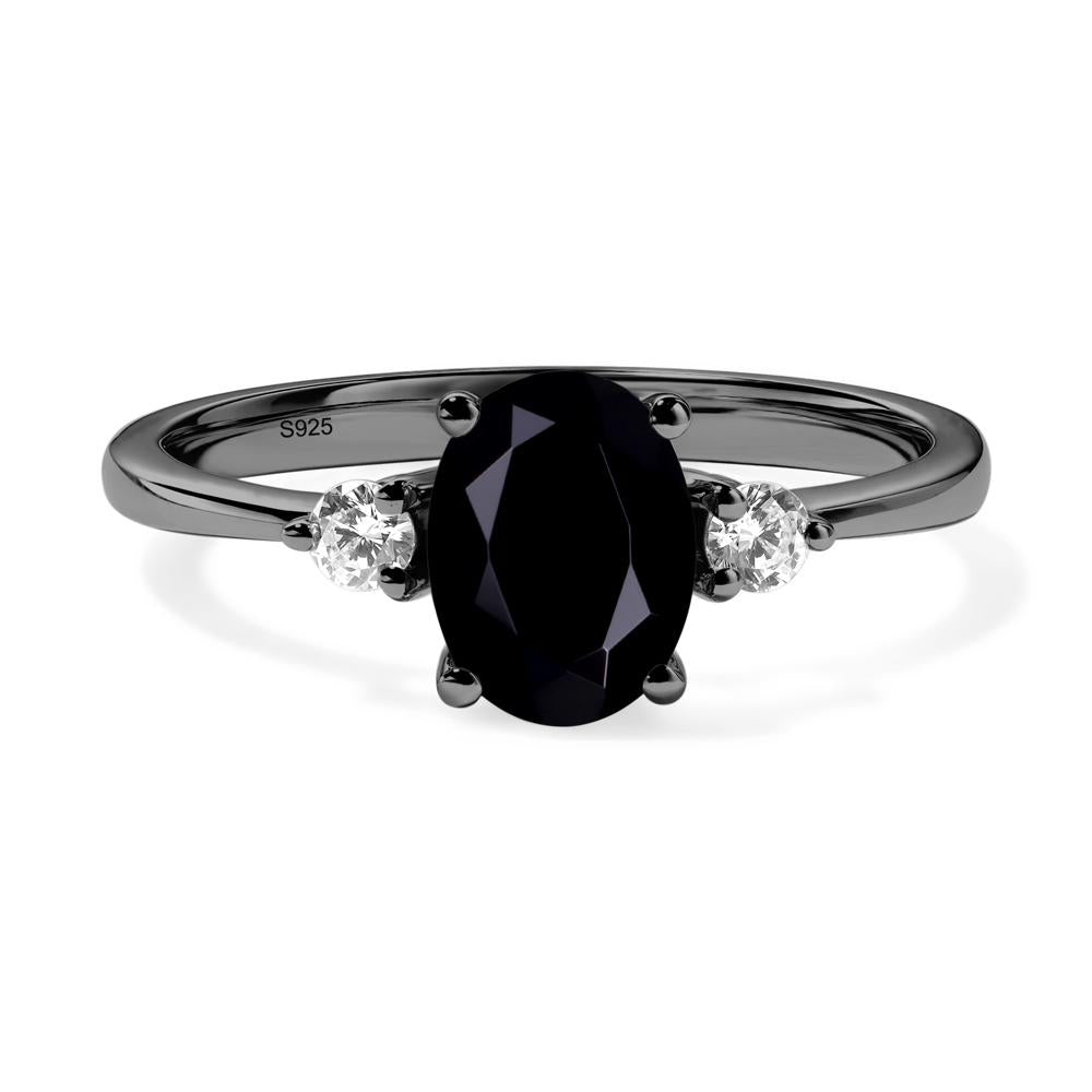 Simple Oval Cut Black Stone Trilogy Ring - LUO Jewelry #metal_black finish sterling silver